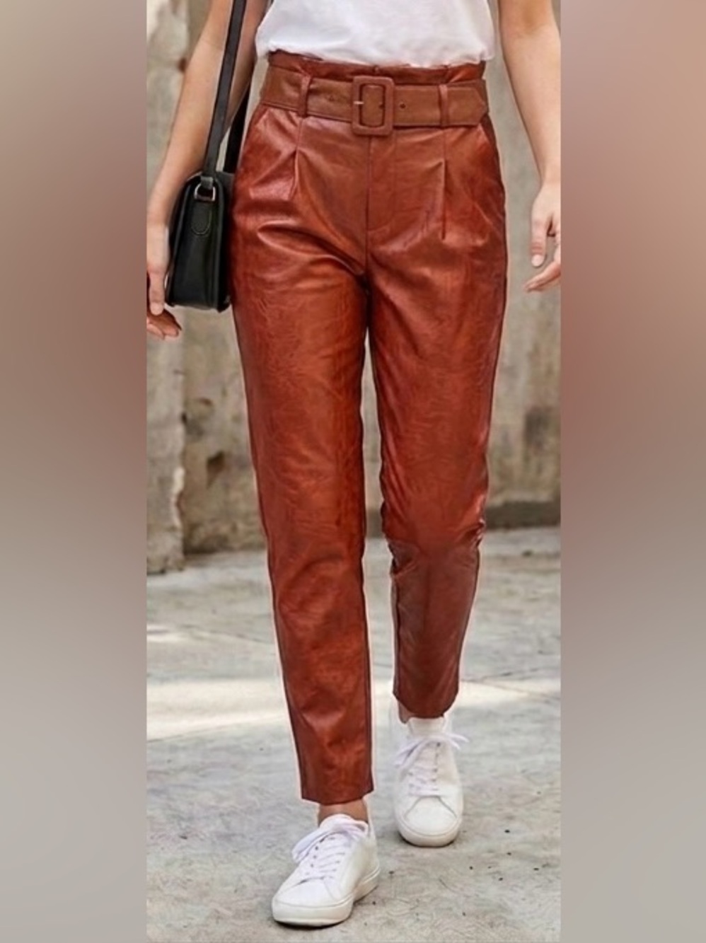 Revolve Majorelle terracotta brown faux leather pants,belt, pleated waist, XS